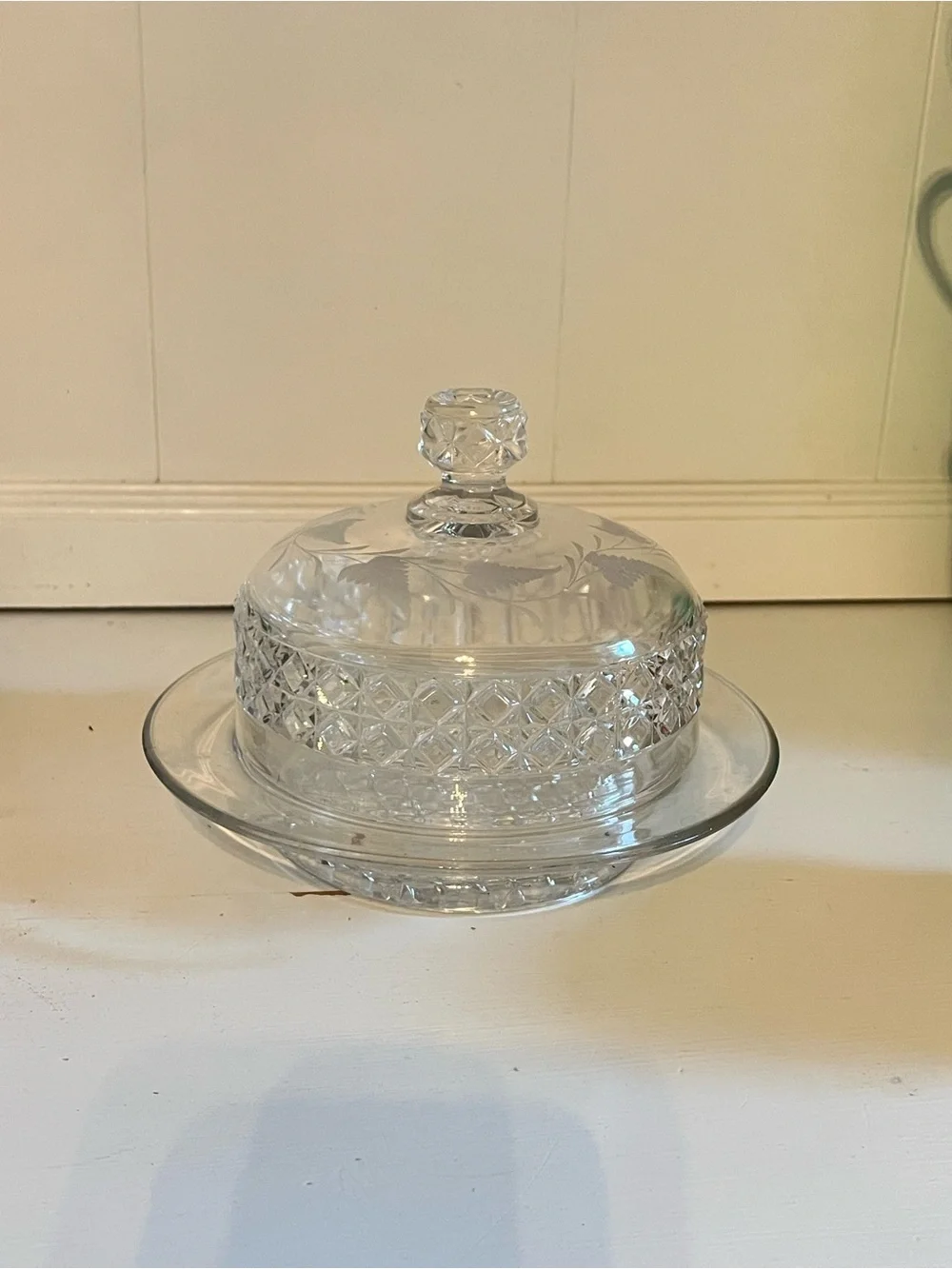 Vintage Pressed Glass Covered Butter Dish | Etched | Cheese Server | Candy Dish